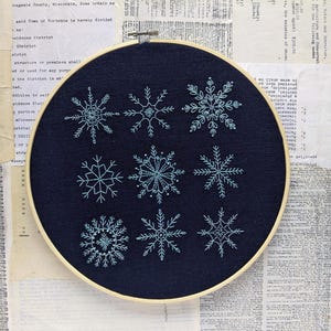 May include: A dark blue embroidery hoop with nine white snowflake designs stitched on the fabric.