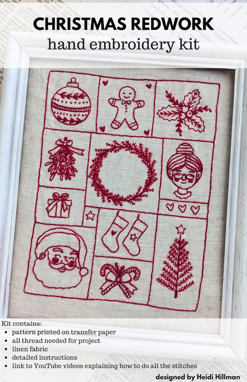 Christmas Redwork Hand Embroidery Kit - Etsy