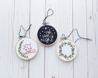 Christmas Ornament Hand Embroidery Pattern // Wreath/ Oh, Holy Night / Joy to the World