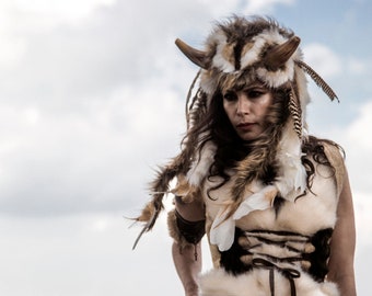 Statement Unisex Adult Full Viking Costume - Feather and Horns Headpiece, Soft Faux Fur Vest and Leggings