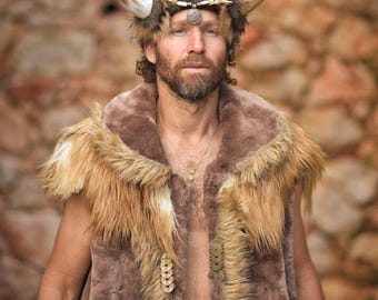 Handmade Viking Costume: Faux Fur Headdress, Vest & Leggings