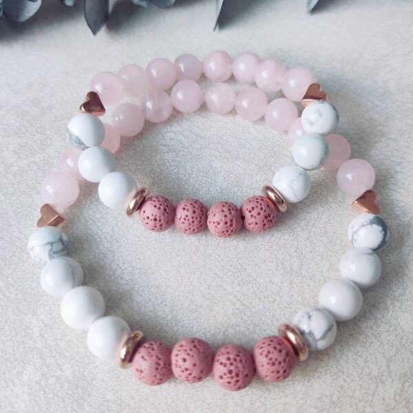 Rose Quartz Beaded Gemstone Bracelet For Love, Mother Daughter Sister Matching Mama and Me Jewellery, Aromatherapy Stackable Valentine's Day