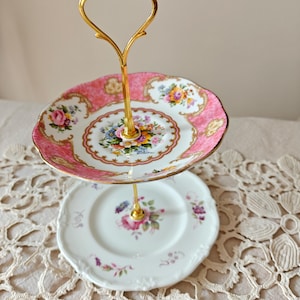 Vintage Pink Floral 2-Tier Mini Serving Plate, Gold Tiered Tray, Jewellery Trinket Stand, Tea Party Bridal Baby Shower, Boho Chic Home Decor