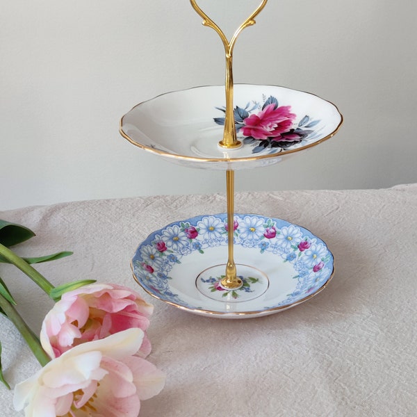 Pink Roses 2-Tier Mini Cake Plate, Blue Gold Tiered Tidbit Tray, Jewellery Trinket Stand, Vintage, Tea Party, Heirloom Mother's Day Gift