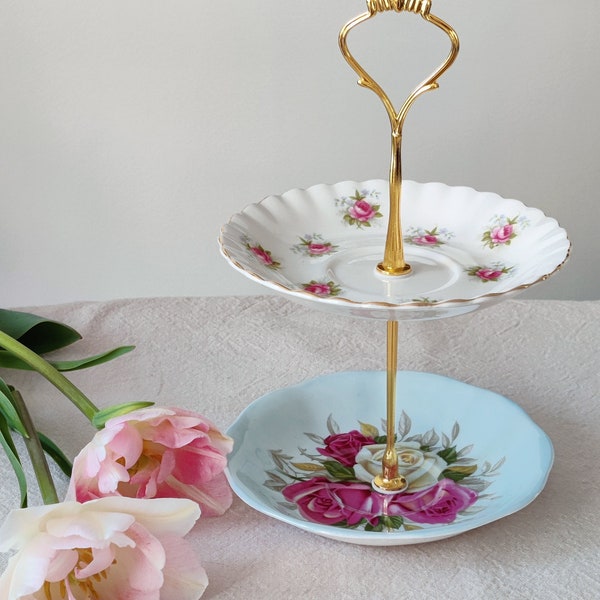 Pastel Blue Violet Roses 2-Tier Mini Cake Plate, Gold Tiered Tidbit Tray, Jewellery Trinket Stand, Tea Party,Mother's Day Heirloom Gift