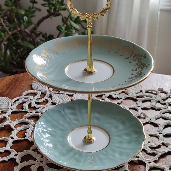 Sage Green 2-Tier Mini Cake Plate, Pastel Gold Tiered Tidbit Tray, Jewellery Trinket Stand, Vintage Tea Party Heirloom Gift, Baby Shower