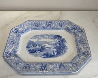 Blue and White Transferware Staffordshire Platter - Canadian "Lake" Pattern - Lake Memphremagog c 1843