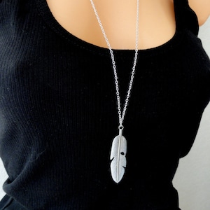Long silver feather pendant necklace, Bohemian statement 28 inch neck chain