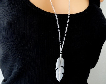 Silver feather necklace, Silver boho necklace, Long silver feather necklace, Long silver necklace, Bohemian necklace, Gifts