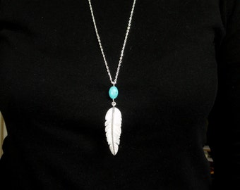 Silver feather & turquoise necklace, Silver boho necklace, Long silver feather necklace, Layer necklace, Bohemian necklace, Gifts