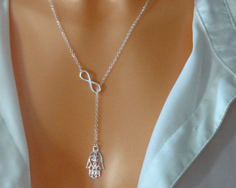 Collana Infinity hamsa in argento sterling, collana di fortuna Infinity, gioielli Infinity, gioielli Mano di Fatima, regali Hamsa