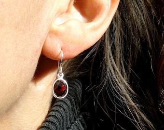 Garnet earrings, Sterling silver oval shaped garnet earrings, Garnet jewellery, Small garnet drop earrings, January birthstone earrings