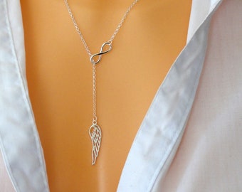 Collier infini aile d'ange en argent sterling, collier infini avec aile d'ange, bijoux infinité, collier aile d'ange