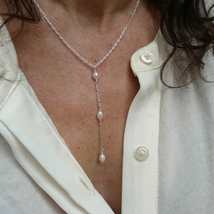 Sterling Silver Pearl Lariat Necklace: Delicate Bridal Jewelry