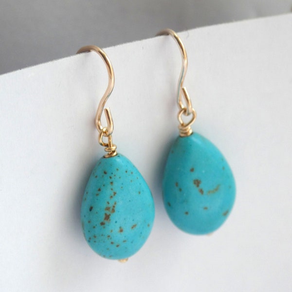 Gold turquoise earrings, Turquoise teardrop earrings, Gemstone earrings, Blue stone earrings, December birthstone gift, Teardrop earrings