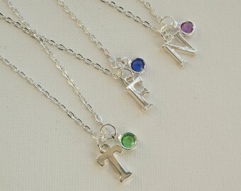 Birthstone letter necklace, Personalized alphabet necklace with crystal birthstone charm, Coloured crystal necklace, Birthday gift for her