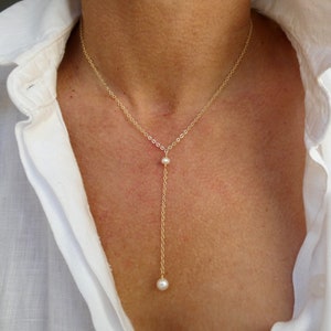 Gold pearl lariat necklace, Bridal necklace, Freshwater pearl necklace, Real pearl necklace, Delicate necklace, June Birthstone gift