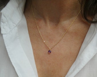 Gold amethyst solitaire necklace, Tiny amethyst gemstone necklace, February birthstone gift, Purple stone necklace, Layering necklace