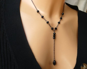 Gunmetal black crystal lariat necklace, Y chain black crystal necklace, Teardrop crystal necklace, Elegant black crystal lariat choker