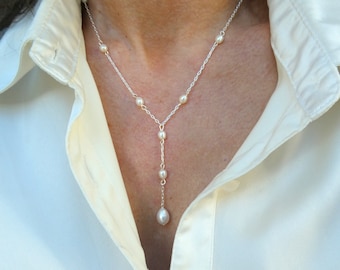 Y Chain Silver 925 With Pearl, Necklace With Drop Freshwater