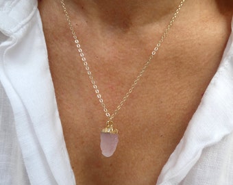 Raw rose quartz necklace, Gold rose quartz necklace, Natural rose quartz necklace, Pink stone necklace, Gemstone necklace