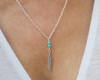 Silver feather & turquoise necklace, Boho necklace, Silver plated feather necklace, Layer necklace, Bohemian necklace, Layering necklace