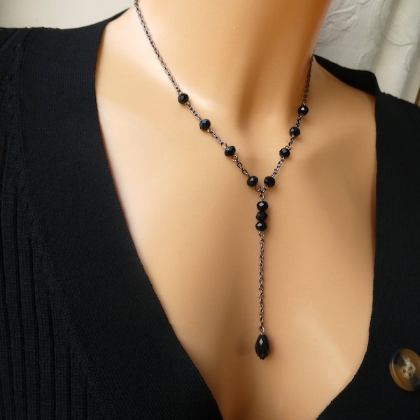 Gunmetal black crystal lariat necklace, Y chain black crystal necklace, Teardrop crystal necklace, Elegant black crystal lariat choker