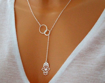 Sterling Silver Eternity Circle Hamsa Lariat Necklace