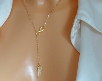 Gold Infinity angel wing necklace, Infinity necklace with angel wing, Infinity jewelry, Angel wing necklace
