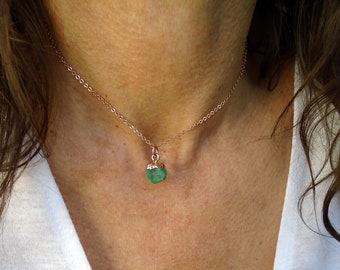 Raw Emerald necklace, Rose gold emerald necklace, Natural emerald necklace, Green stone necklace, May birthstone necklace