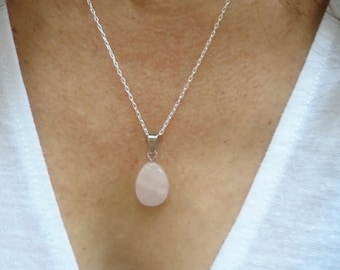 Rose quartz necklace, Silver Rose quartz necklace, Pink stone necklace, Rose quartz teardrop necklace, Flower girl gift, Bridesmaid gift