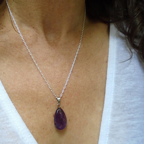 Silver amethyst necklace, Teardrop necklace, Purple stone necklace, Gemstone necklace, February birthstone necklace gift, Layering necklace