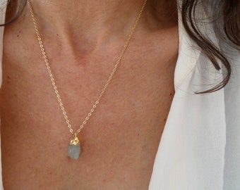 Raw aquamarine necklace, Gold natural aquamarine necklace, Blue stone necklace, March birthstone necklace