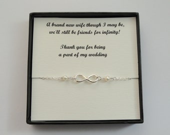 Bridesmaid gift, Sterling silver Infinity pearl bracelet gift, Freshwater pearl bracelet, Friendship gift, Personalised message bridal gift