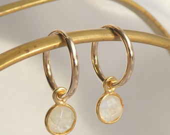 Gold moonstone earrings, Dainty moonstone hoop earrings, Round faceted rainbow moonstone earrings, June birthstone gift, Gift for her