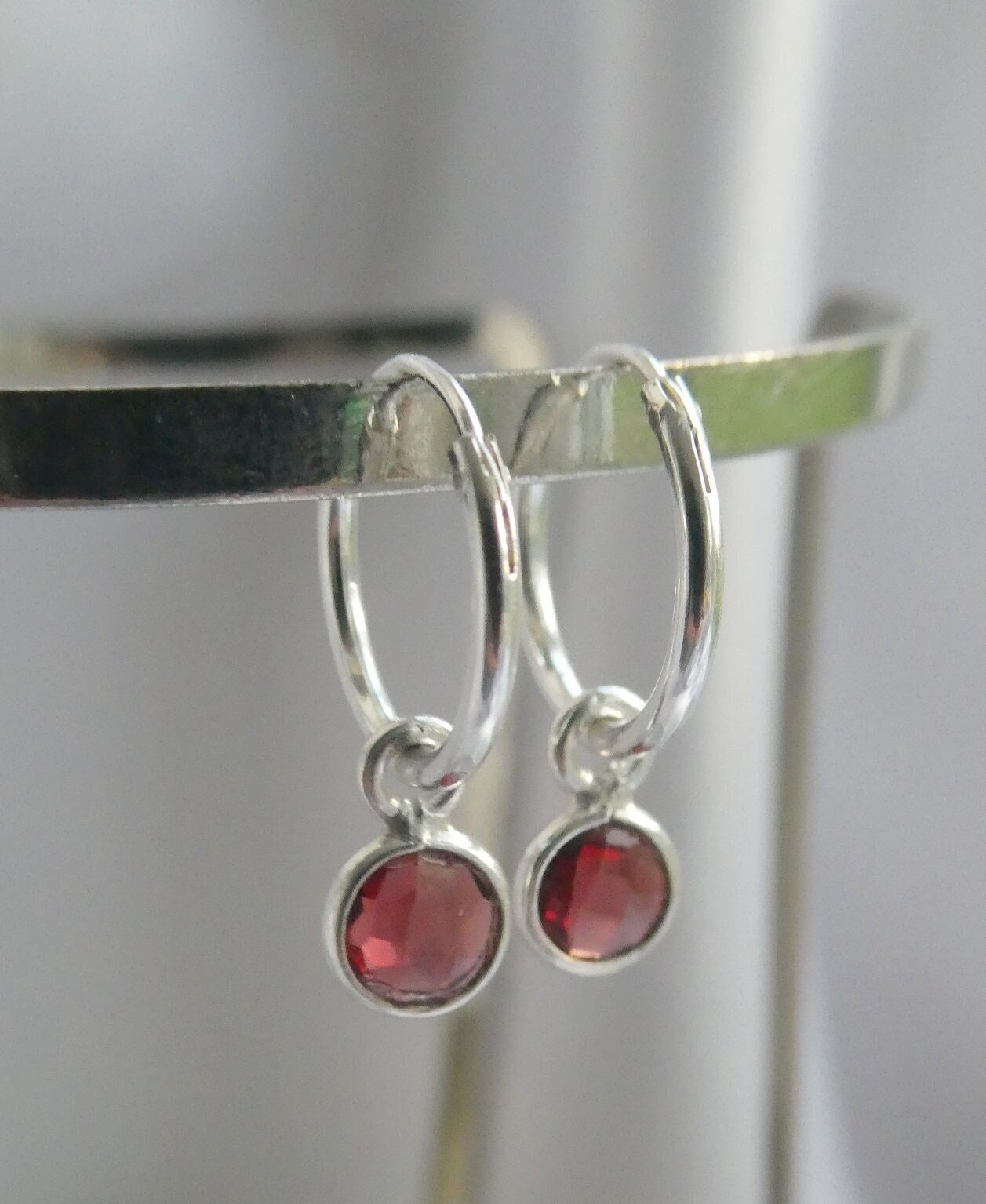 Sterling Silver Garnet Hoop Earrings: January Birthstone Gift