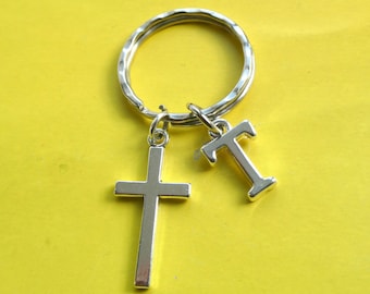 Silver cross keyring, Small cross keyring, Religious gift, Faith keyring gift, Baptism / Communion gift, Cross initial keychain