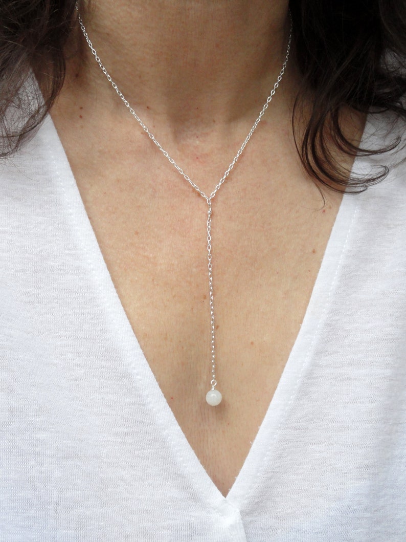 Sterling Silver lariat moonstone necklace, Silver Y drop moonstone necklace, June birthstone gift, Silver necklace, Moonstone necklace image 3