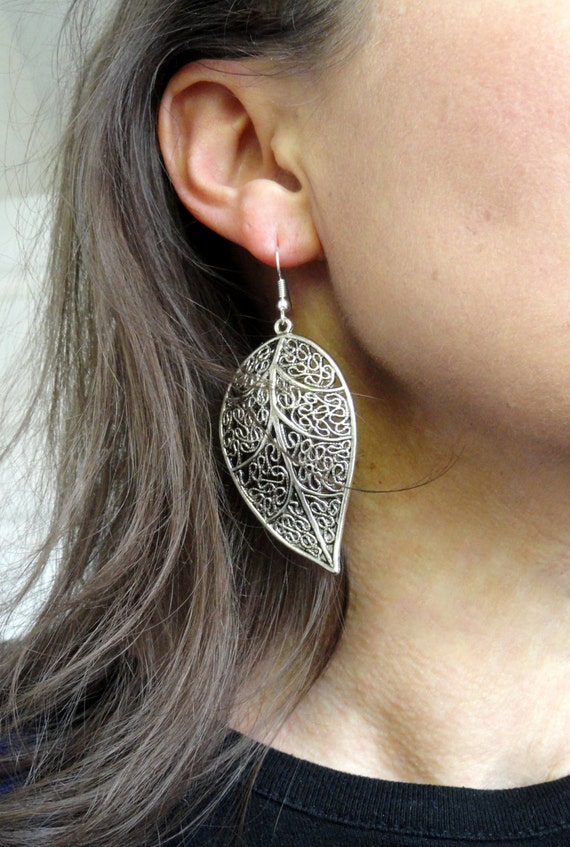 Silver Leaf Earrings: Large Filigree Boho Statement Earrings