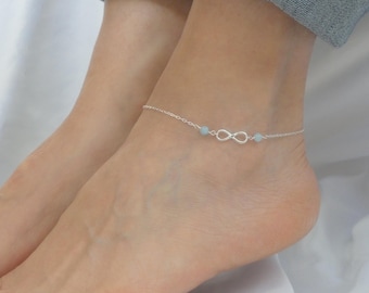 Silver Aquamarine gemstone infinity anklet