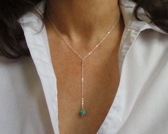 Sterling Silver lariat necklace, Sterling Silver lariat turquoise necklace, Gemstone lariat necklace, December birthstone, Delicate necklace