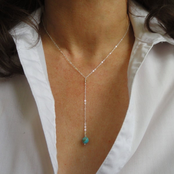 Sterling Silver lariat necklace, Sterling Silver lariat turquoise necklace, Gemstone lariat necklace, December birthstone, Delicate necklace