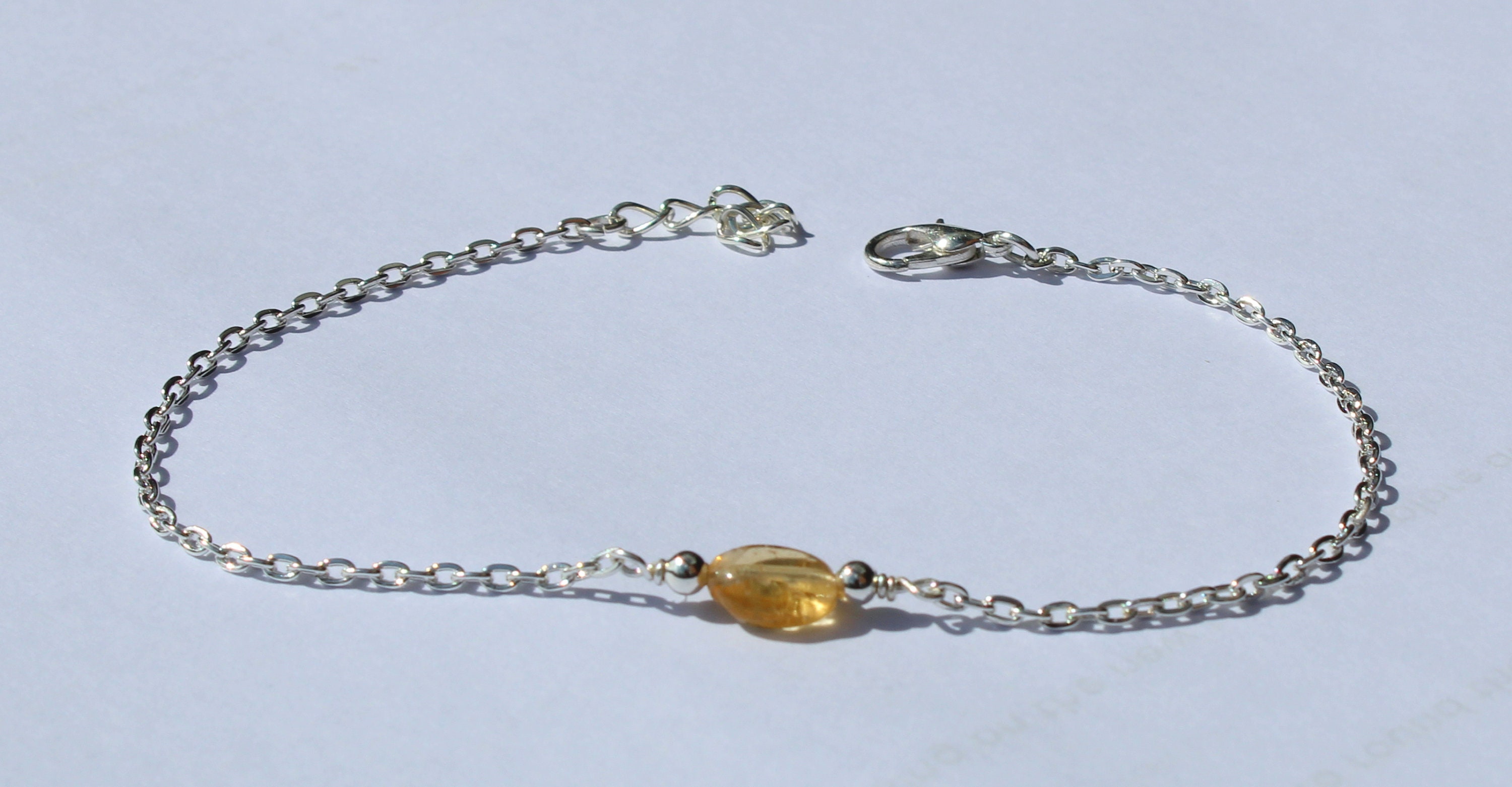 Silver Citrine Anklet, Gemstone Ankle Bracelet, Yellow Citrine