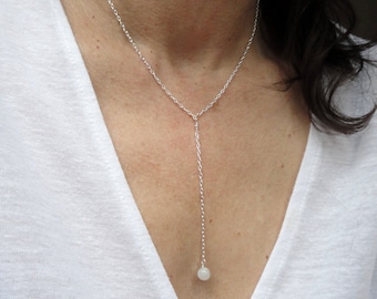 Sterling Silver lariat moonstone necklace, Silver Y drop moonstone necklace, June birthstone gift, Silver necklace, Moonstone necklace