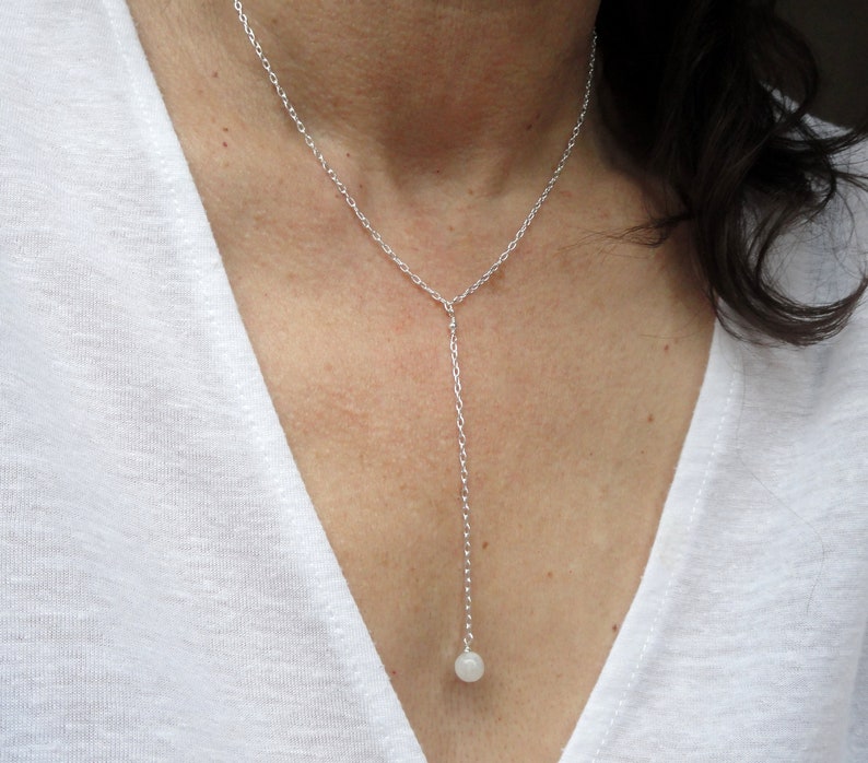 Sterling Silver lariat moonstone necklace, Silver Y drop moonstone necklace, June birthstone gift, Silver necklace, Moonstone necklace image 1