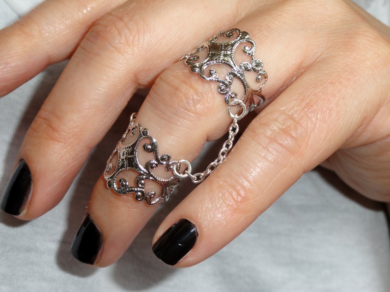 Silver slave ring, Statement ring, Silver filigree adjustable rings, Goth ring, Silver gothic ring, Filigree ring, silver chain rings, image 2