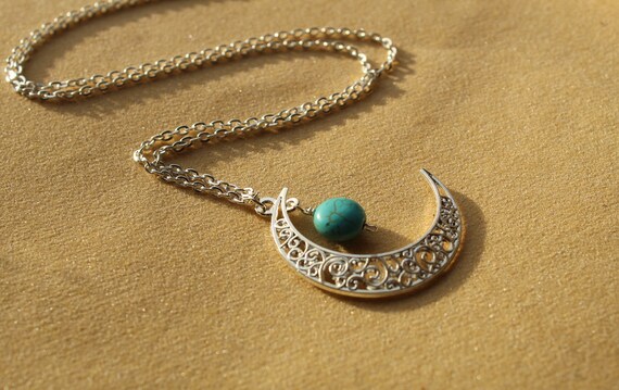 Crescent Moon Turquoise Necklace Long 