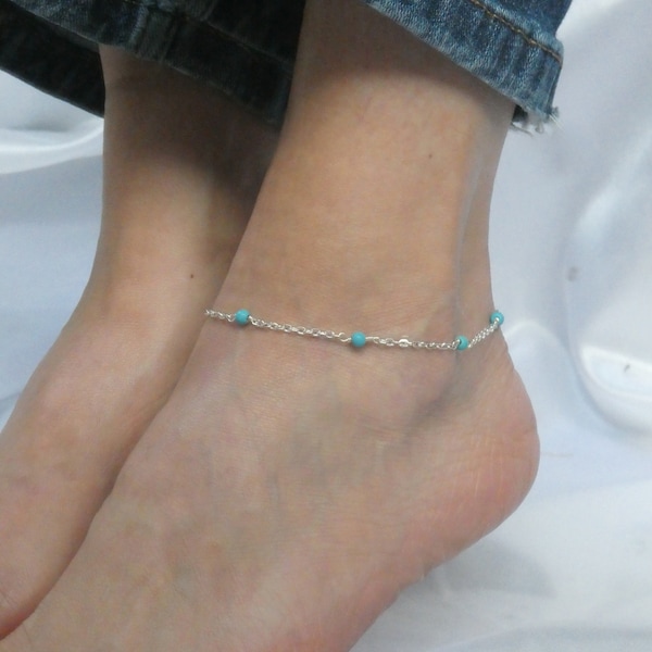 Silver turquoise anklet, Turquoise gemstone ankle bracelet, December birthstone gift, Something blue gift for bride, Elegant foot jewellery