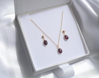 Gold Garnet Necklace Earrings Set: January Birthstone Jewelry