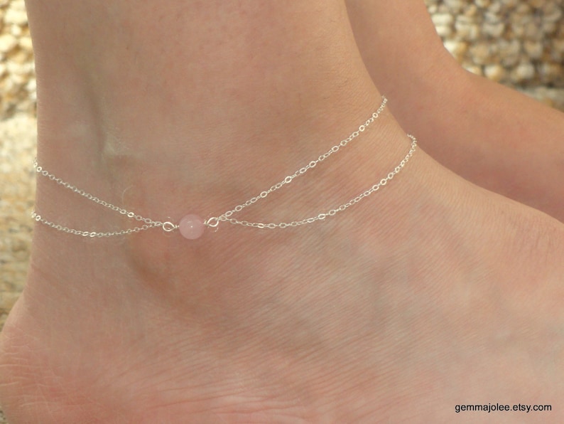 Sterling silver rose quartz ankle bracelet, Silver anklet, Sterling silver ankle jewelry, Ankle bracelet UK, Gemstone ankle bracelet image 4